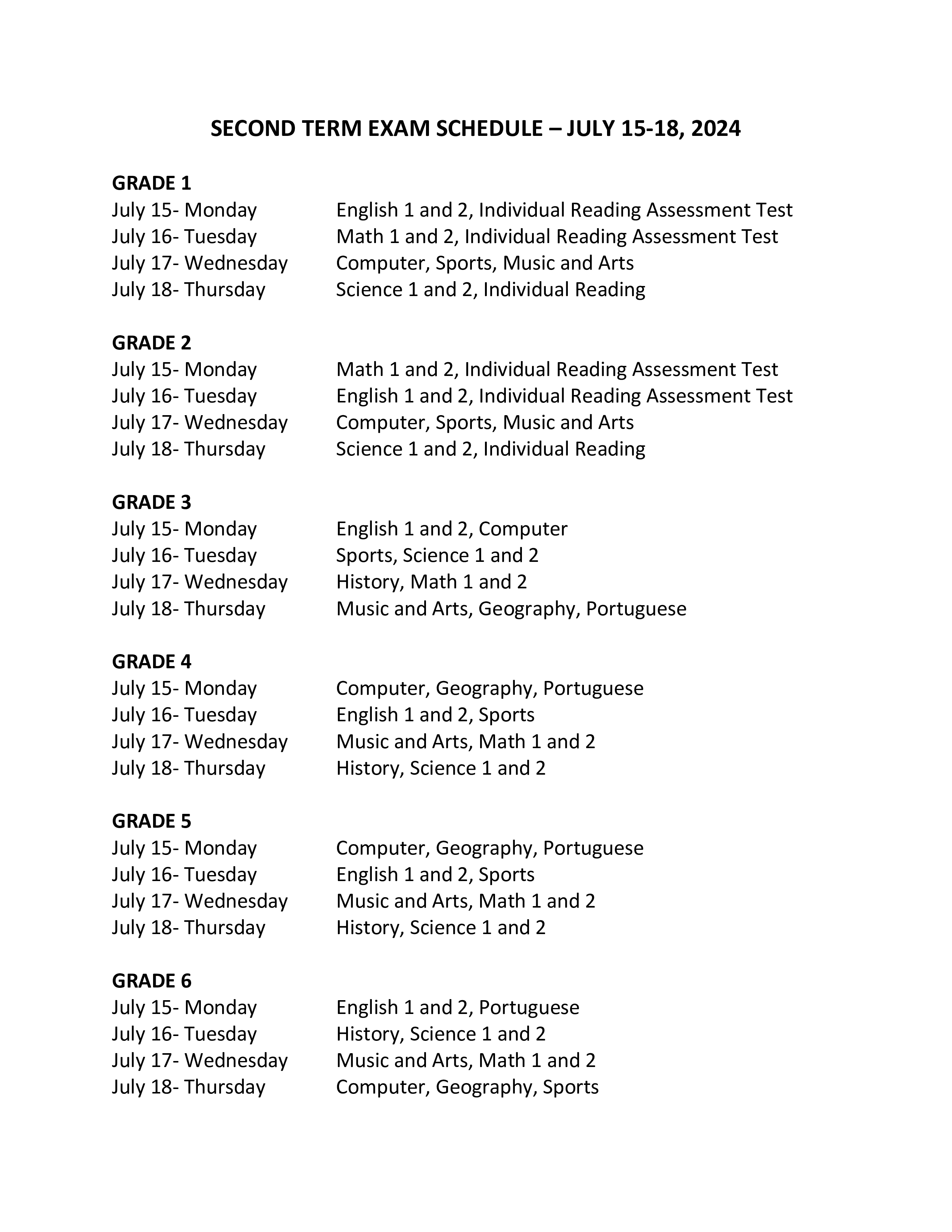 SECOND TERM EXAM SCHEDULE